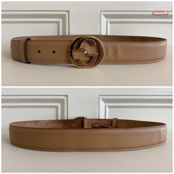 Authentic Gucci Beige Calfskin Leather Gold Interlocking G Buckle Belt 95/38 - Picture 5 of 13